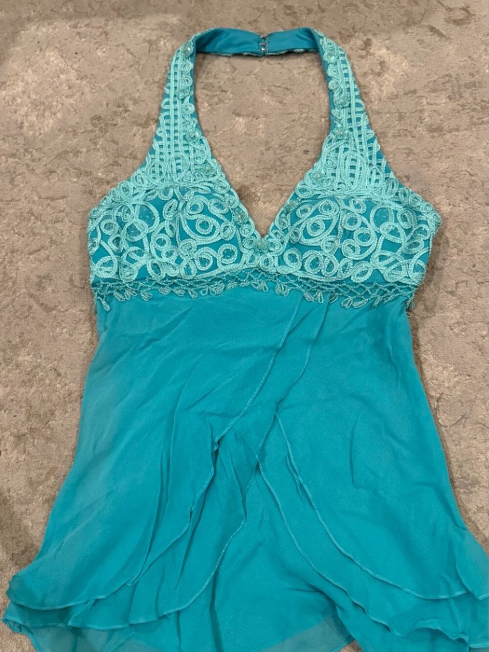 Sue Wong 100% Silk Y2K Turquoise Teal Crochet Flowy Top Fairy Art Deco Halter 1 - Picture 3 of 15